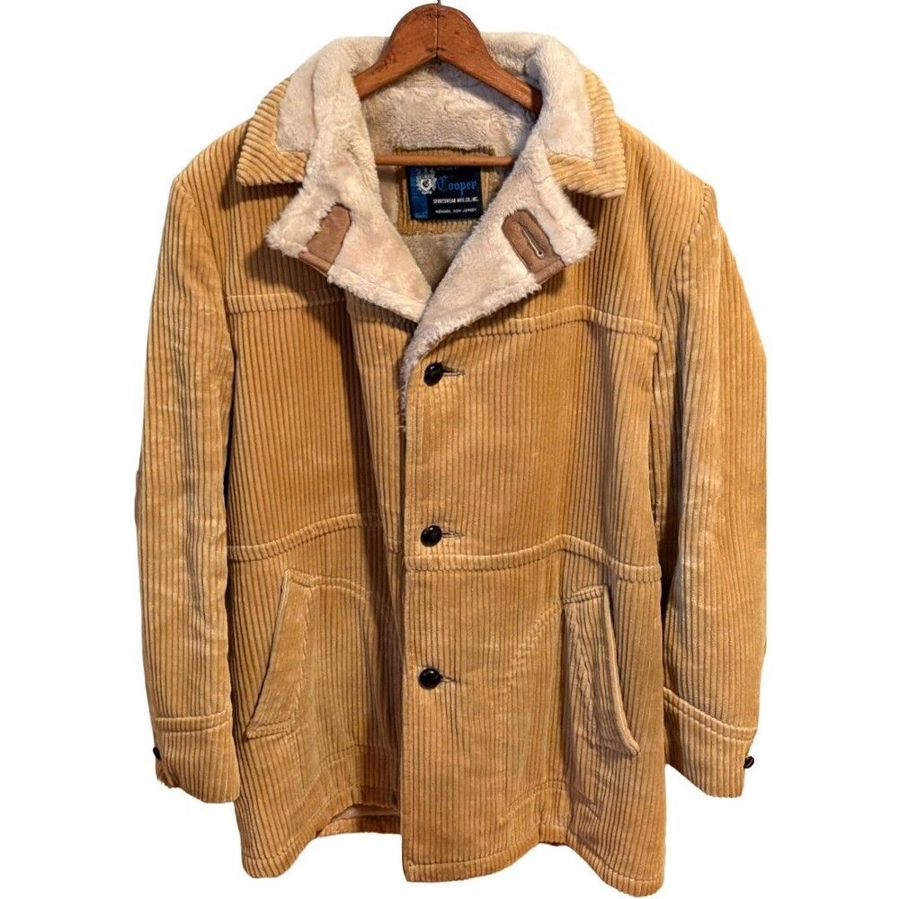 Vintage Cooper Outerwear Jacket Mens Large Tan Corduroy Fur Lined 4 Buttons